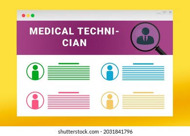 Medical Technician Logo In Header Of Site. Medical Technician Text On Job Search Site. Jobs In Browser Window. Internet Job Search Concept. Employee Recruiting Metaphor