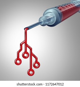 Medical Technology And Biomedical Engineering Or Biotechnology Medicine Technologies Health Services As A Hospital Syringe With Blood Shaped As A Computer Circuit As A 3D Illustration.