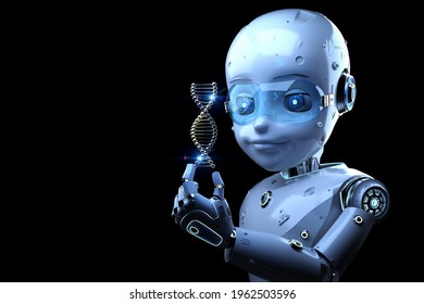 Medical Technology Concept With 3d Rendering Cute Robot Holding Dna Helix