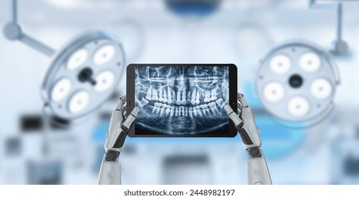 Concepto de la tecnología médica con el robot 3D del renderizado ai analiza la tomografía de los dientes de la radiografía