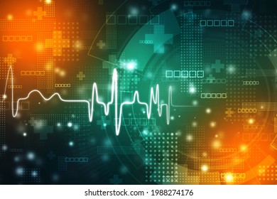 Medical Technology And Health Care Concept Background. Ecg Background, Heart Rate Graph. Ekg Heart Beat Line Monitor.