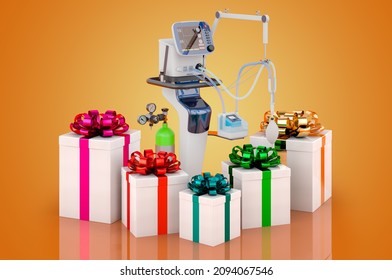 Medical Ventilator ICU With Gifts, 3D Rendering Isolated On Orange Background