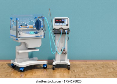 Medical Ventilator And Infant Incubator In The Room. Neonatal Intensive Care Unit, NICU. 3D Rendering