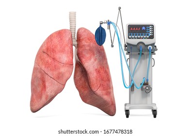 Medical Ventilator With Lungs, 3D Rendering Isolated On White Background