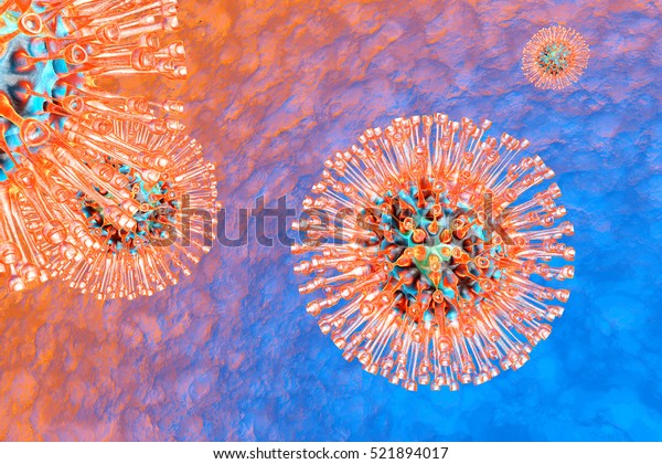 A medical visualization of a group of\
Herpes Viruses. 3D\
Illustration.\
