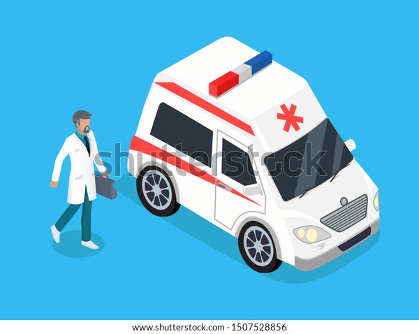 Medical worker run to ambulance car or\
lorry raster isometric icon. Ambulanceman or paramedic in white\
coat with first aid kit for emergency\
poster.