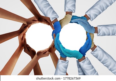 Medical Workers And Society With Hospital Essential Worker Group Unity And A Diversity Social Patient Care Partnership As Hands In A Group Of Diverse People Connected In A 3D Illustration Style.