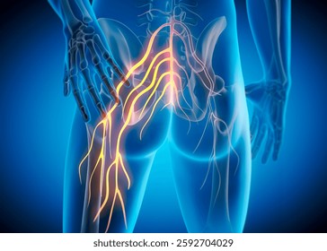 Medically accurate 3D illustration of a painful sciatic nerve cause by injury or irritation