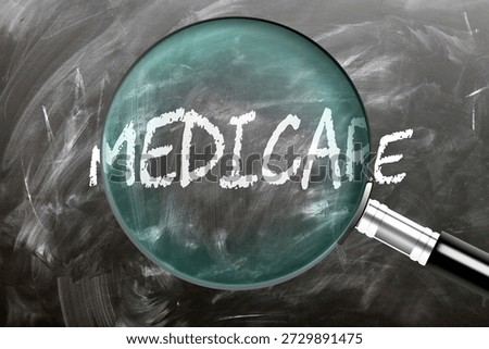 Medicare - learn, study and inspect it. Taking a closer look at medicare. A magnifying glass enlarging word 'medicare' written on a blackboard