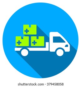 Medication Delivery Long Shadow Icon. Style Is A Light Flat Symbol With Rounded Angles On A Blue Round Button.