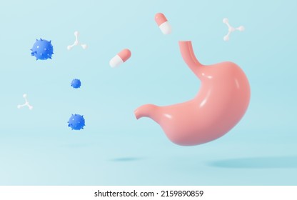 Medication For Stomach Illness, Molecules And Stomach, 3d Rendering. Computer Digital Drawing.