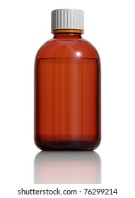 Medicine Bottle Of Brown Glass Isolated On White Background With Liquid And White Plastic Cap. Frontal View, Blank For Label. 3d.