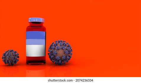 Medicine Bottle And Microscopic Corona Virus. Covid 19, 3D Rendering.