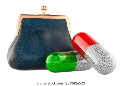 Medicine capsules with coin purse, 3D rendering isolated on white background - Powered by Shutterstock