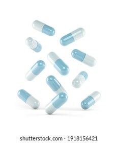 Medicine capsules falling isolated from the white background. 3d rendering