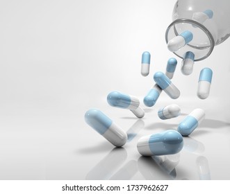medicine capsules flying, falling out of glass container, with copy space. 3d illustration