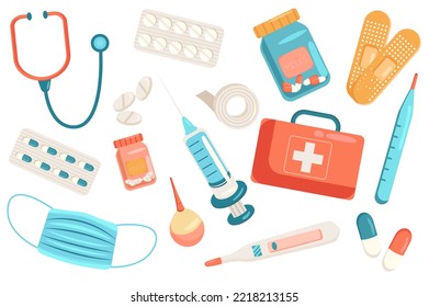 Medicine cute elements isolated set. Collection of stethoscope, first aid box, syringe, medical mask, cans of pills, plaster, thermometer and other tools. Illustration in flat cartoon design