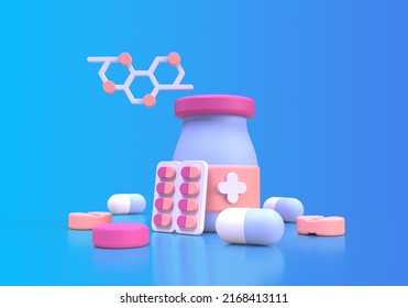 Medicine And Drug For Drugstore Category Concept Illustration Landing Page Template For Background 3D Render