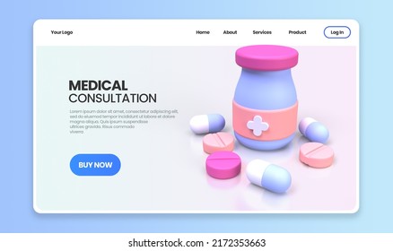 Medicine And Drug For Drugstore Category Concept Illustration Landing Page Template For Background 3D Render