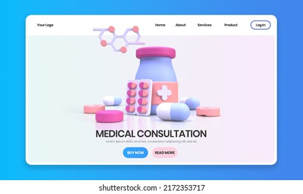 Medicine And Drug For Drugstore Category Concept Illustration Landing Page Template For Background 3D Render