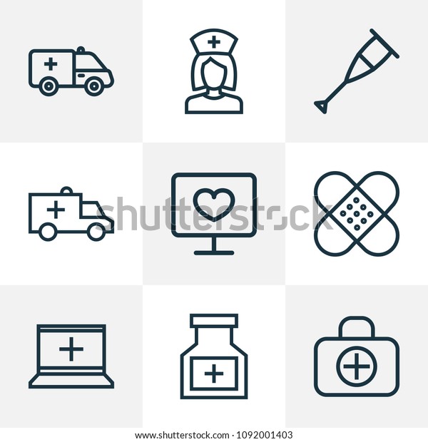 Medicine\
icons line style set with assistant, stand, diagnosis car \
elements. Isolated  illustration medicine\
icons.