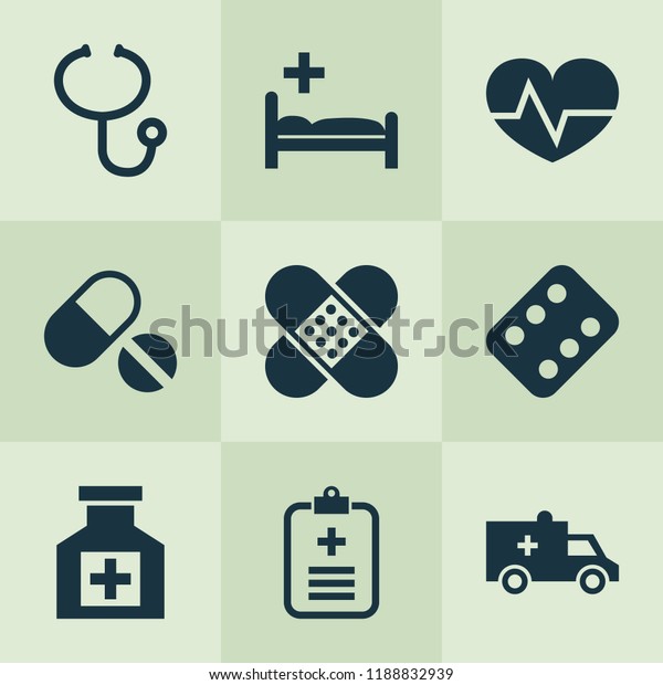 Medicine\
icons set with adhesive plaster, heartbeat, data and other bandage\
elements. Isolated  illustration medicine\
icons.