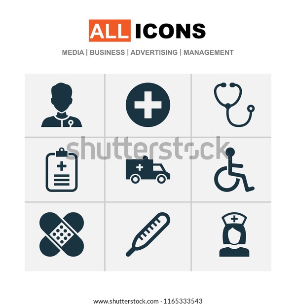 Medicine icons set\
with brougham, medic, data and other bandage elements. Isolated \
illustration medicine\
icons.