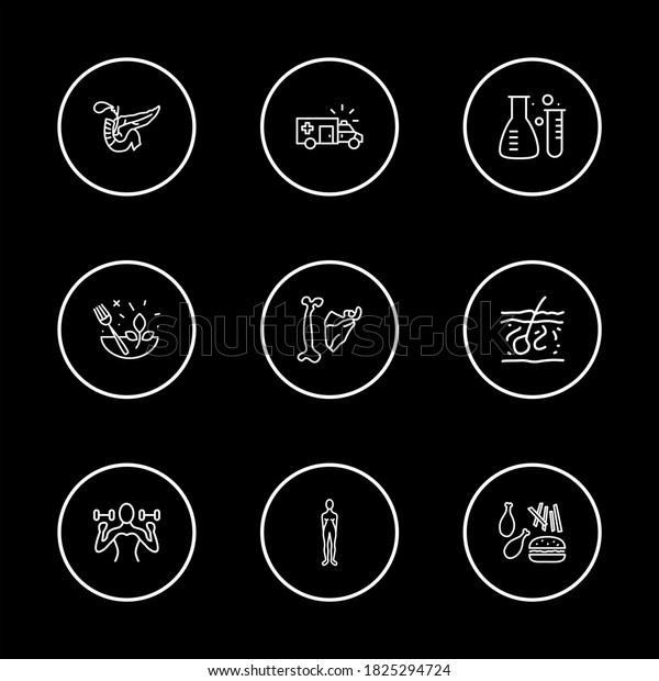 Medicine icons set with fitness, ambulance\
and woman body elements. Set of medicine icons and epidermis\
concept. Editable elements for logo app UI\
design.