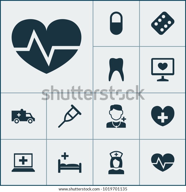 Medicine icons set\
with rack, teeth, pill and other polyclinic elements. Isolated \
illustration medicine\
icons.