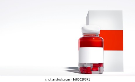 Un frasco de medicina y una caja de medicinas. Representación 3D