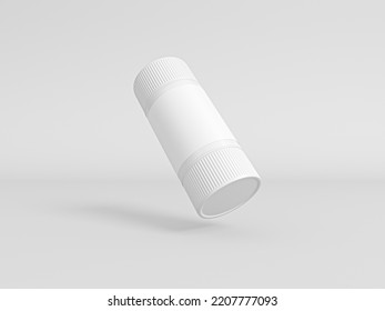 Medicine Pill Bottle Packaging Mock-up. Floating Blank Plastic Jar Mockup. Healthcare Product White Plastic Packaging Bottle. 3d Rendered Illustration