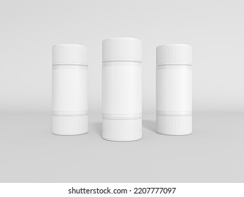 Medicine Pill Bottle Packaging Mock-up. Three Plastic Blank Jar Mockup. Healthcare Product White Plastic Packaging Bottle. 3d Rendered Illustration