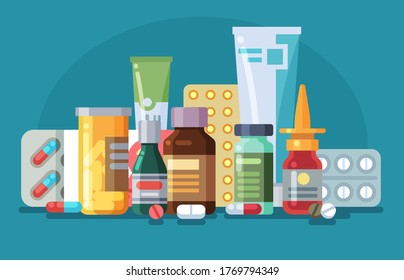 Medicine. Pills, capsules and glass meds bottles with medicine, tubes with ointment, medication spray. Pharmacological healthcare concept