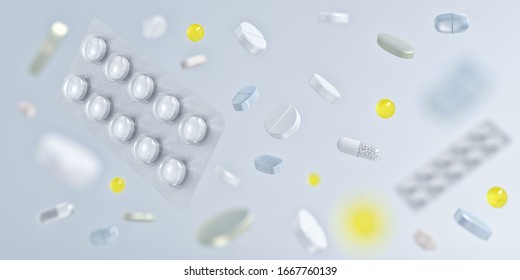 Medicine pills tablets, vitamins, supplements 3D background. Chinese pandemic pathogen coronavirus covid-19 outbrake worldwide, increased costs for corona virus covid disease medicaments, antibiotics
