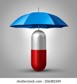 Medicine Protection And Drug Safety Concept As A Health Care Symbol With A Capsule Pill With An Umbrella Protecting The Pharmaceutical Icon.
