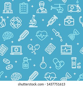 Medicine Symbols And Signs Pattern Background On A Blue Include Of First Aid Kit, Capsule And Enema. Illustration