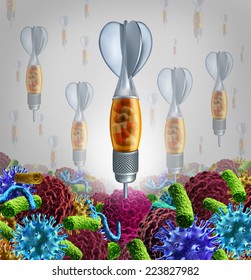 Medicine Target And Medication Disease Cure Symbol As A Prescription Pill Bottle Shaped As A Dart Hitting The Disease Bulls Eye With Pharmaceutical Research And Science Of Biological Chemistry.