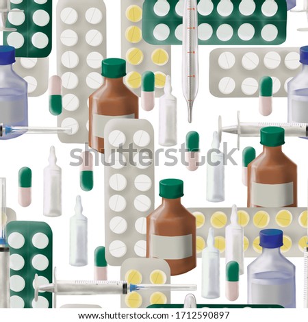 Medicines seamless pattern. Pharmacy concept. Epidemic and pandemic. Medical treatment. Bottles tablets pills and vaccines. Syringe and ampoules. Buy medicines. Package design.