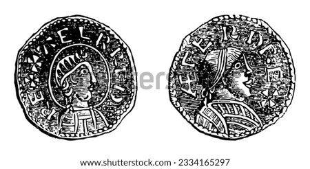 Medieval Anglo-Saxon silver coins of Alfred the Great (King of the West Saxons and King of the Anglo-Saxons) - Vintage engraved illustration isolated on white background Foto stock © 