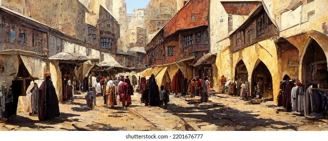 Medieval Arabic Town, Market Square Painting With Crowds Of People. Historic Wallpaper Illustration Of Town Square For Canvas Art, Backdrops.