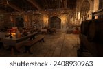 Medieval banquet hall lit by candles and torches at night. 3D rendering.