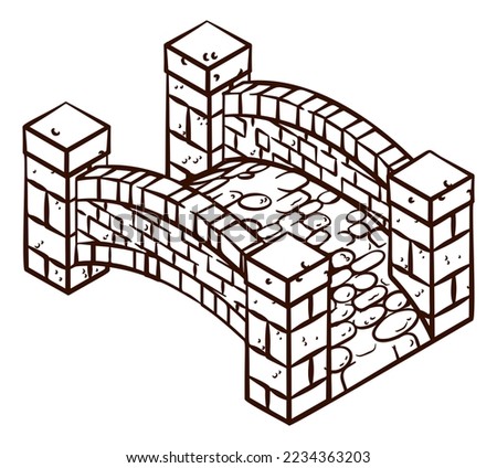 A medieval bridge building map icon isometric illustration in a vintage retro engraved woodcut etching style