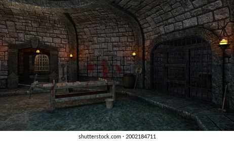 Medieval Castle Dungeon With A Prison Cell And Torture Rack Table. 3D Illustration.