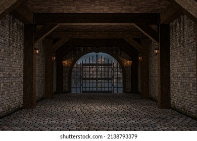 Medieval Castle Hallway With Iron Gate Leading Outside To The Village. 3D Illustration.