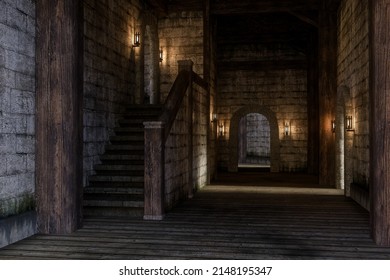 Medieval Castle Hallway With Stairs Leading To Upper Floor. 3D Rendering.