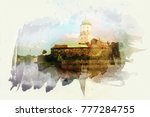 
medieval castle on the island. A photo stylized as a watercolor drawing