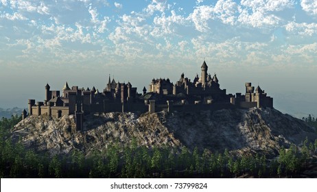 Medieval castle on a rocky hilltop crag, 3d digitally rendered illustration