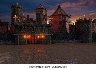 Medieval castle or walled town in evening light. 3D illustration.