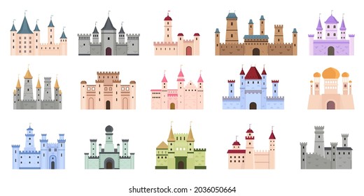 Medieval castles. Fairytale buildings, fortress and royal palaces. Flat ancient gothic architecture with towers. Cartoon castle  set. Collection castle tower, ancient fortress architecture