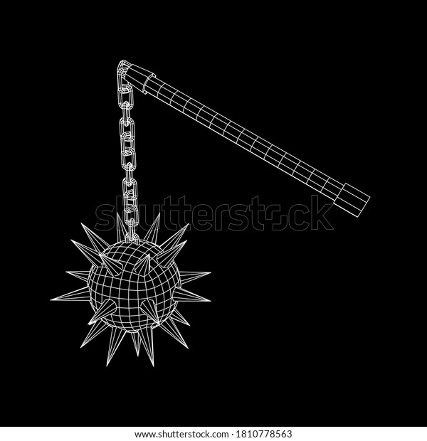 Medieval chained mace ball. Wireframe low\
poly mesh 3d render\
illustration.